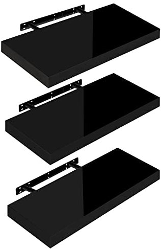WOLTU Wandregal Volato Set von 3 Regalen Wandboard freischwebend Schweberegal CD DVD Regal Bücherregal Holz Board 50x22,9x3,8cm Hochglänzend Schwarz RG9477sz-3