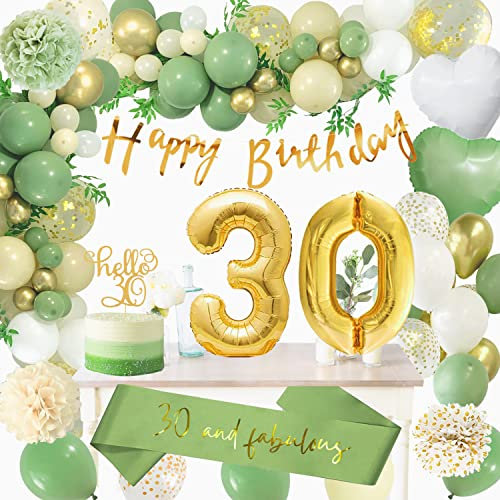30 Geburtstag Deko Frauen, Geburtstagsdeko 30 Männer, Grün Gold Deko 30 Luftballon mit Happy Birthday Banner, Ballon Girlande Pompons Grün für Frau Mann 30. Geburtstag Dekorationen