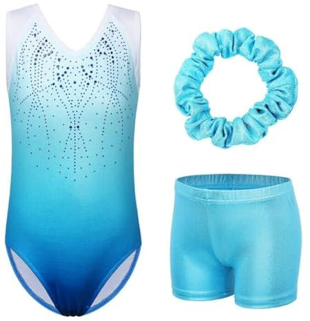 ZNYUNE Mädchen Turnanzug mit Hose Haarband Set Gymnastikanzug Kinder Shorts Trikot Turnen Ärmellos/Langarm Kleidung klassisch Turnbody B182 Blue 12A