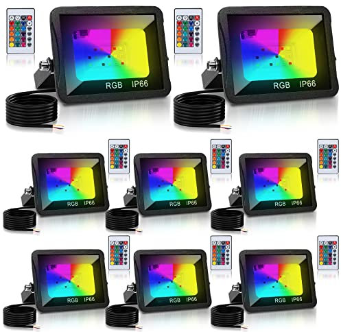 Vigevee RGB Projecteurs LED Exterieur, 8pack 20W Projecteur LED Couleur Spot LED Extérieur de Jardin 16 Couleurs 4 Modes avec Télécommande,Imperméable IP66,Fonction Mémoire (pas de prise)