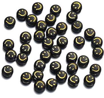 200 Stück Schwarz Acryl Gesicht Perlen 7mm Pony Disc Münze Gold Emaille Lächeln Gesicht lose Abstandshalter Perlen für DIY Schmuck Armband Handy Anhänger machen