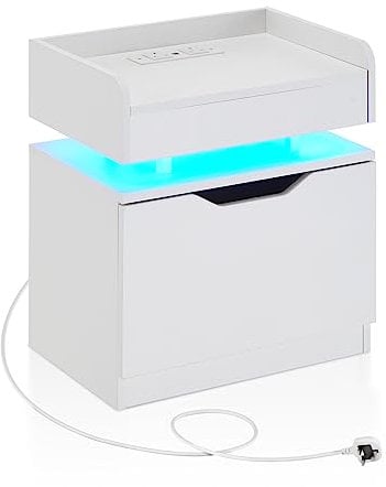TUKAILAi White Bedside Table with LED Light, 1 Big Drawer and Charging Station Nightstand Bedside Cabinet Unit with Storage and USB Charging Port for Bedroom Living Room
