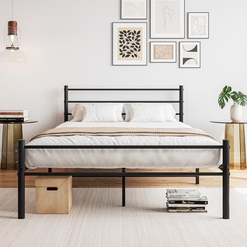 FOUBAM Bett 120x200,Metallbett Bettgestell mit Lattenrost, Doppelbett/Einzelbett, Bettrahmen mit Kopfteil, Bed Frame Gästebett Jugendbett für Schlafzimmer Gästezimmer Schwarz