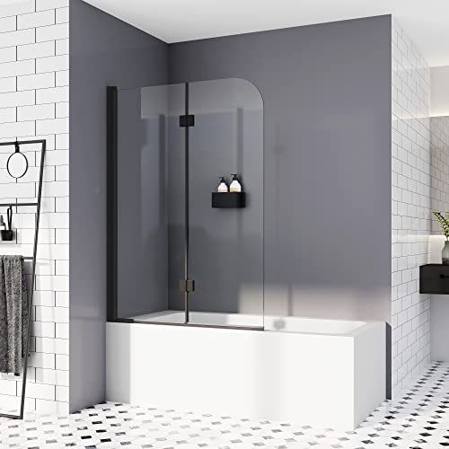 Duschwand für Badewanne 120 x 140 cm Schwarz Duschabtrennung Sicherheitsglas Faltwand Badewanne NANO Glas Badewannenaufsatz 6mm ESG Duschwand