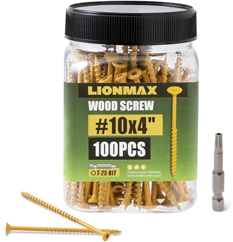 LIONMAX Deck Screws 4 Inch, Wood Screws #10 x 4, 100 PCS, Rust Resistant, Exterior Epoxy Coated, Outdoor Decking Screws, Torx/Star Drive Head Deck Screw, T25 Star Bit Included, Tan
