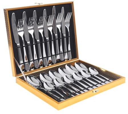 Set di posate per 6 persone, 24 pezzi, con confezione regalo, con cucchiaio, forchetta, coltello da cucina, cucchiaio per casa, cucina, ristorante