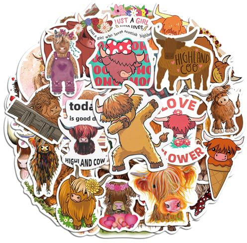 50stk Hochlandkuh Aufkleber, Niedliche Rinder Aufkleber Wasserfeste Tier Wasserflaschen Aufkleber für Kinder Laptop Scrapbook Dekoration Partygeschenk Klassenzimmer Belohnungen