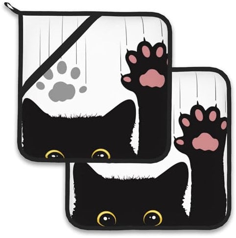 Cute Funny Black Cat Pot Holder Set of 2,Heat Resistant Potholders Oven Hot Pads for Kitchen Cooking Baking BBQ