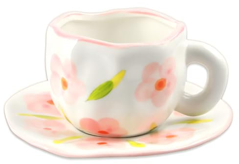 Cappuccino Tassen mit Unterteller, 200 ml Kaffee-Tassen, Kaffeetassen Set mit Untertasse, Espressotassen aus Porzellan für Tee Kaffee Cappuccino, Geschenke für Frauen Mama (Rosa Blume)