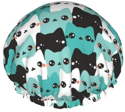 Cat Pattern Shower Cap For Women Reusable Waterproof DoubleBath Cap Hair Protection Elastic Ladies Spa Salon Shower Hat