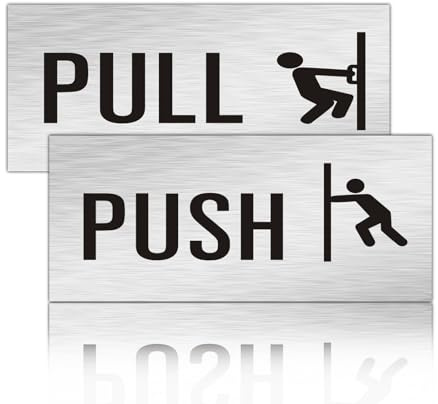 Twin Pack Stainless Steel Premium Push/Pull Set Warning Signs Door Sign Self-adhesive design (Silver)
