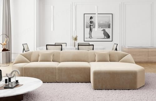Ecksofa Cabrera L Form kurz Stoffsofa Sofa in Samt Designersofa Sun Velvet (Beige, Ottomane rechts)