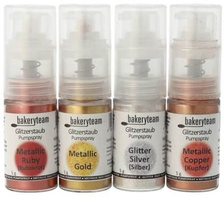 bakeryteam Glitzerstaub Dust Pump-Puder im jeweils eigenen praktischen Pump-Spender (je 5 g): Metallic Ruby, Metallic Gold, Glitter Silver, Metallic Copper 4er Set 20 g