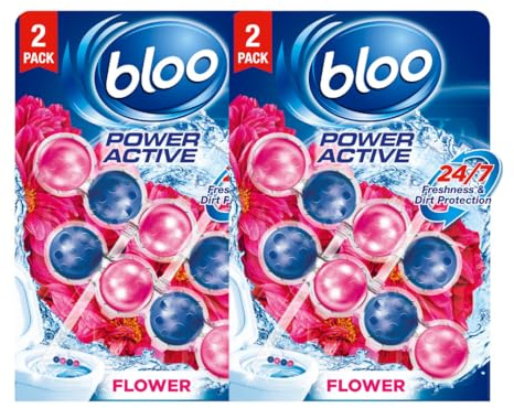 Bloo Power Active Toilet Rim Block Fresh Flowers, with Anti-Limescale, Cleaning Foam, Dirt Protection and Extra Freshness - Pack of 4 Rimblocks
