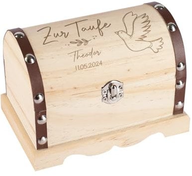 Striefchen® Personalisierte Schatztruhe als Geschenk zur Taufe, perfekte Geldgeschenkverpackung (Taube, M)