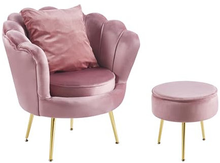 Poltrona Camera da Letto e Salotto in Velluto con Poggiapiedi Contenitore Poltroncina Conchiglia con Gambe in Metallo Placcato Oro Design Moderno, Seduta Morbida con Cuscino - Rosa Antico