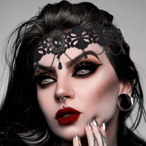 Reaky Halloween-Stirnkette, schwarze Strass-Haarbänder, Perlen, Kopfschmuck, Festival-Kostüm, Halloween-Haarschmuck für Damen