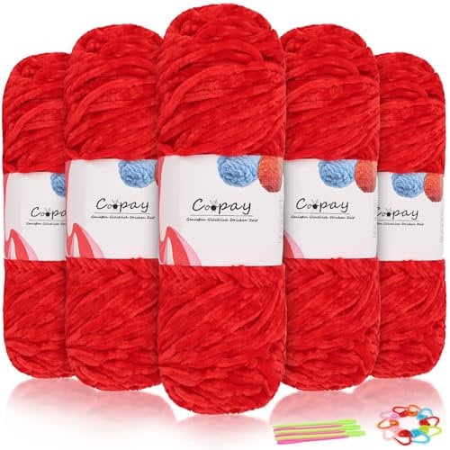 Coopay Samt Chenille Wolle zum Häkeln, 500g (5x100g) Velvet Chenillegarn, Dicke Wolle zum Stricken, Flauschige Weiche Samtig Chenillewolle mit Häkelzubehör für Schals, Decken - Rot