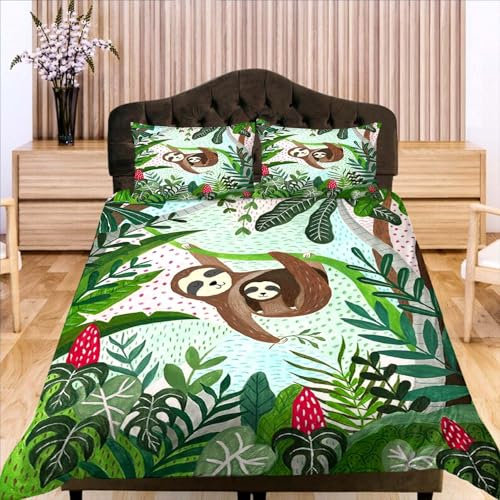 Niedliches Faultier Kinderbettwäsche-Set, 7-teilig, Mikrofaser Bettbezug für Jungen und Mädchen, Einzelbett 135x200 cm