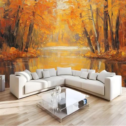 NAWVNMI Papier peint forêt d'automne, papier peint autocollant, 380 x 280 cm, papier peint autocollant amovible, motif forêt de lac, marguerite, pour chambre à coucher, papier peint décoratif