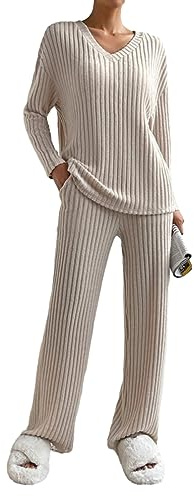 Barbotimer Zweiteiler Lounge Set Damen Strick Jogginganzug Langarm Strickpullover Top und Weite Hose Hausanzug V-Ausschnitt Rippenstrick Loungewear Freizeit Outfits Set (Aprikose, S)