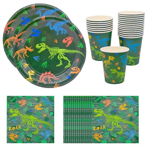 60 Pezzi Dino Dinosauro Compleanno Decorazione,7in Piatto di carta, Per 20 Ospiti,Dinosauro Scheletro Fossile Tema Stoviglie