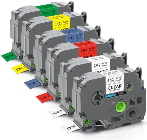 UniPlus 6x Kompatible für Brother Tze 18mm Selbstklebendes Etikettenband TZe-241 TZe-141 TZe-441 TZe-541 TZe-641 TZe-741 für P-Touch PT-D400 PT-D450 PT-D600 PT-P700 PT-E300VP PT-E500VP PT-P950NW
