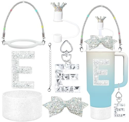 8Pcs Silvery Stanley Cup Accessories Set for Stanley Cup 30&40 Oz Tumbler, Silicone Straw Cover Cap and Boot, Handle Letter Charm, Bow Decoration Initial Sticker, Diamond Water Bottle Handle Strap (E)