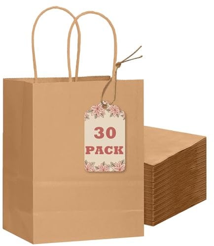 Gcardist 30-Packs Brown Gift Bags with Handles 8.3x3x 6inch Small Size Kraft Present Paper Bags (15x8x21cm)