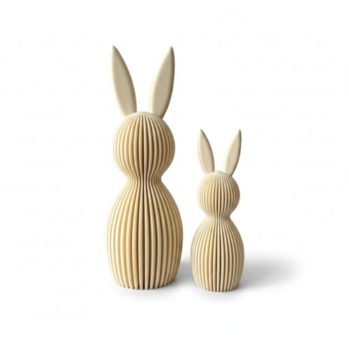 Generisch Scandi Osterhase 3D Deko – Minimalistische Osterdekoration im skandinavischen Design – Gerippte Oberfläche – Moderne Frühlingsdeko 3D-Druck – Set aus Klein 11 cm und Groß 16 cm (beige)