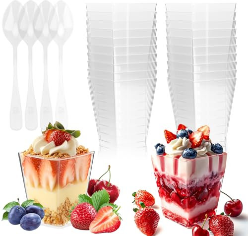 Tasses à Dessert, 50Pcs 160ml/5oz Verrines Plastique avec 50 Cuillères,Tasses et Cuillères à Dessert en Plastique Transparent Réutilisables pour Mousse,Tiramisu,Crème Glacée,etc