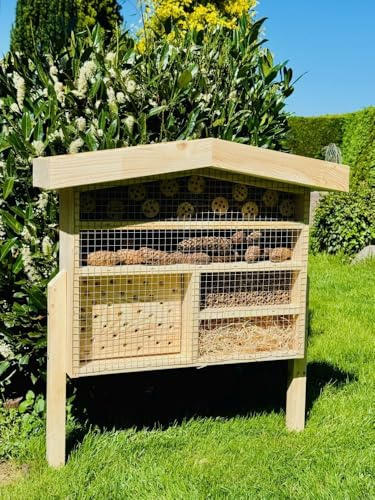 DARLUX Hôtel à insectes en bois XL pour abeilles sauvages avec aide à la nidification I Insectarium avec jardinière en bois et pied 76 x 56 x 18 cm (HxLxP) I Résistant aux intempéries I Ruche à
