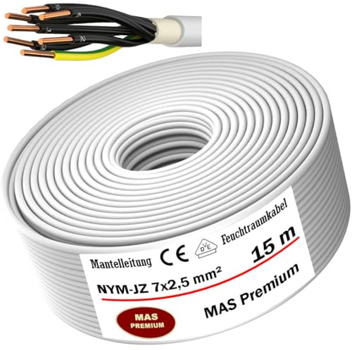 MAS Premium Strömkabel för våtrum, strömkabel 5–80 m mantel NYM-JZ 7 x 2,5 elektrisk strömkabel, installationskabel OFC för fast installation (15 m)