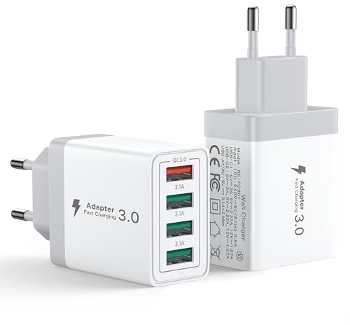 Aioneus USB Ladegerät, 2er Pack 33W Schnellladegerät, 4-Port USB Netzteil mit QC 3.0 Mehrfach USBA Stecker Power Adapter für iPhone 16 15 14 13 12 Pro Max, Samsung, Huawei, Fast Charger Ladeadapter