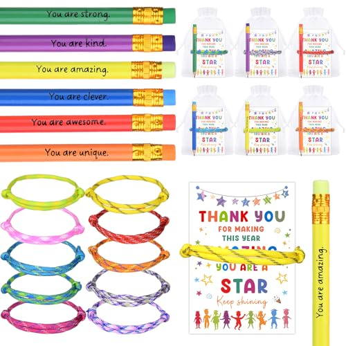 OuMaiFeng Class Gifts for 30 Children,End of Term Gift for Children,Gift for Students from Teachers,Adjustable String Wave Bracelets,30 Rope Bracelet,30 Pencils,Multiple Colors
