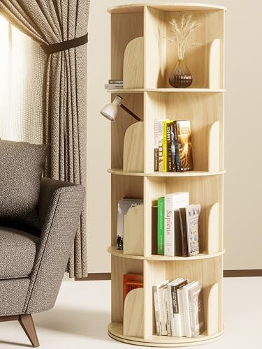 Jean Balveau 360° drehbares Bücherregal Kiefernholz - 4 Ebenen 130x46x46 cm | Drehregal verstellbar - Standregal Dekoregal - für Wohnzimmer und Kinderzimmer - Massivholzregal kompakt