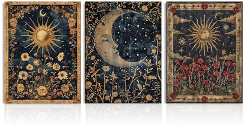 Dazzlewall 3er Set Vintage Boho Gothic Wandkunst, Sonne & Mond Tarotkarten Blüten Geheimnisvolle Okkulte Wandbilder für Schlafzimmer Wohnzimmer Ohne Rahmen 30x40 cm