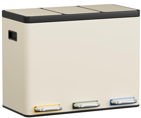 Clevich Selektivt sorteringssystem 3 x 15 l av stål, soptunna med 3 fack med färgkodade pedaler, papperskorg med mjukstängande lock och innerhinkar, beige