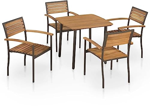 YuuSsea 5-TLG. Garten-Essgruppe Akazie Massivholz und Stahl, Rostbeständiges Outdoor-Möbelset für Terrasse, Balkon, Garten, Platzsparende Stapelstühle, Industrielles Design