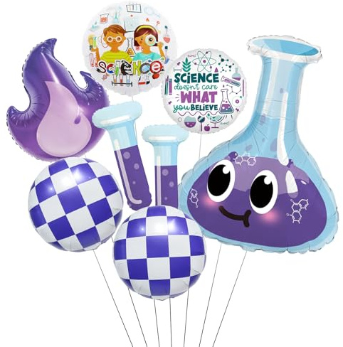 Science Party Decoration Balloons Set,Chemical Lab Birthday Decorations with Purple Flask/Flame/Test Tube/Checkered Balloons，STEM Theme Party Supplies for Kids Science Birthday & Classroom Events