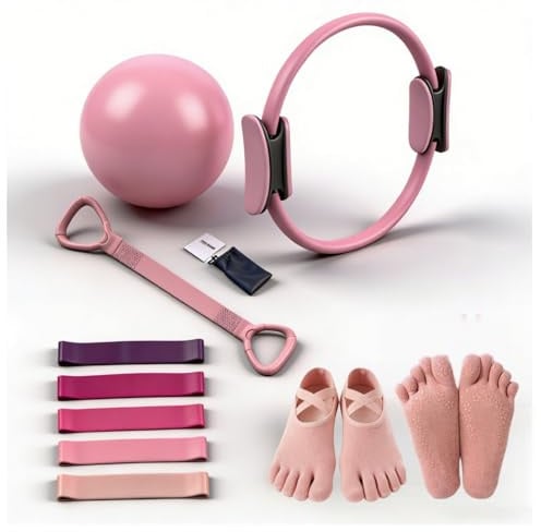 Generisch Pilates Ring Set für Frauen - Enthält Pilates Ring und 25cm Pilates Ball, 5 widerstandsbänder,2 Yoga Anti-Slip Socks& Figure-8 Pilates Band - Pilates Set für zuhause,Yoga Set