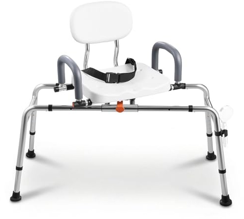 VEVOR Chaise de Baignoire Coulissante, Siège de Transfert pour Baignoire Pivotant, Capacité 180 kg, Accoudoirs et Dossier, pour Adultes, Personnes Âgées et Handicapés, Hauteur et Largeur Réglables