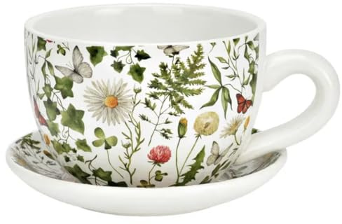 Seyila Home Pflanztasse aus Keramik mit Unterteller, Blumentopf in Tassenform, Deko-Pflanzgefäß,Pflanzkübel, Blumentopf in versch. Größen und Designs (MixBlumen, 34 cm)