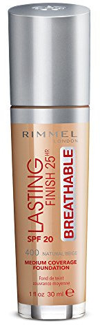 Rimmel London Lasting Finish Breathable Foundation, SPF 20, 400 Natural Beige, 30 ml