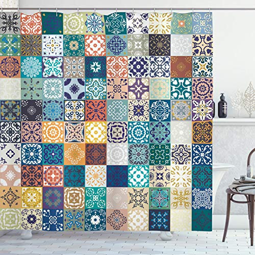 ABAKUHAUS Marokkanisch Duschvorhang, Tunesische Original-Ost, Stoffliches Gewebe Badezimmerdekorationsset mit Haken, 175 x 240 cm, Teal Mehrfarbig