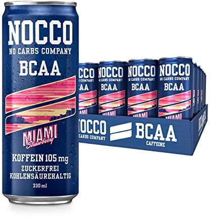 NOCCO BCAA energy drink 24er pack – zuckerfrei, vegan Energy Getränk mit Koffein, Vitaminen und Aminosäuren – Caribbean Ananas, 24 x 330ml inkl. Pfand (Miami)