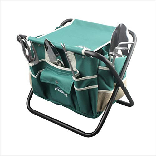 Gartengeräte-Sets, Robustes Garten-Geschenkwerkzeug-Set inklusive Klapphocker mit Werkzeugtasche, 5 stabile Edelstahl-Werkzeuge (Gartenkelle, Pflanzgefäß, Unkrautstecher und Rechen) für Damen und