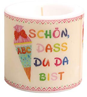 Serviettenshop Kerze rund zum Schulanfang | Einschulung für Mädchen mit Zuckertüte | Schön DASS du da bist | beige rosa | Ø 8cm | Höhe 7,5cm