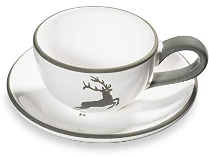 GMUNDNER KERAMIK Mokkaset im Geschenkkarton, Tasse und Unterteller, Grauer Hirsch, handgemachte Keramik aus Österreich