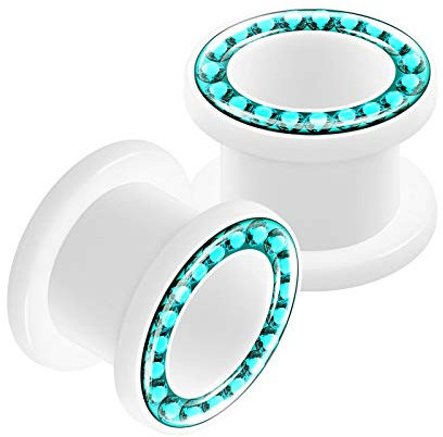 KJM FASHION 2 Stk Acryl Schraube White 10mm 00gauge Fleischtunnel Blauer Zirkon Kristall Tunnel Plug Ohrringe Stecker Gauges Flesh Eyelet Piercing Schmuck 5428